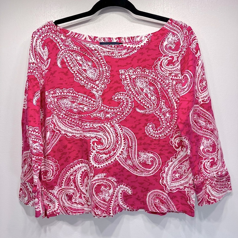 Jones New York Hot Pink & White Paisley 100% Cotton 3/4 Sleeve Waist Length Top
